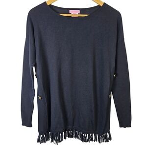 Lilly Pulitzer Ramona Black Knit Sweater Fringe Button Long Sleeve Womens XS